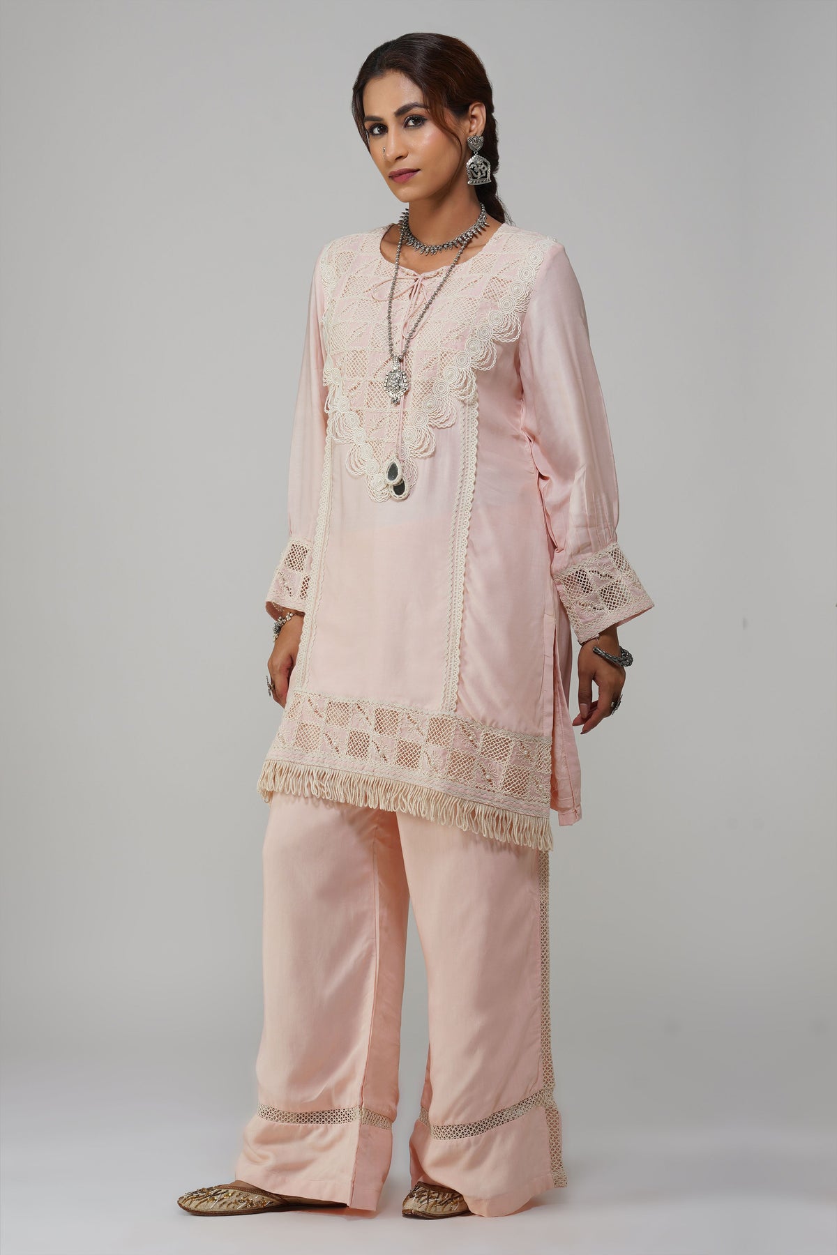 Straight Tunic Set Pastel Pink Cotton - Noor-e-Rang
