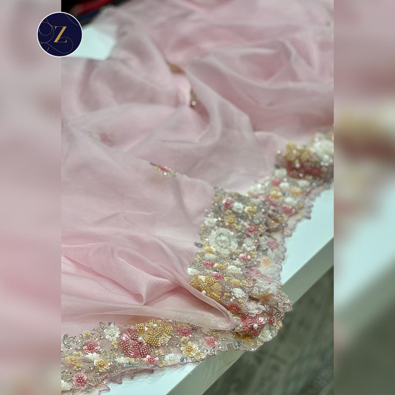 Pink Organza Knot Embroidery Saree