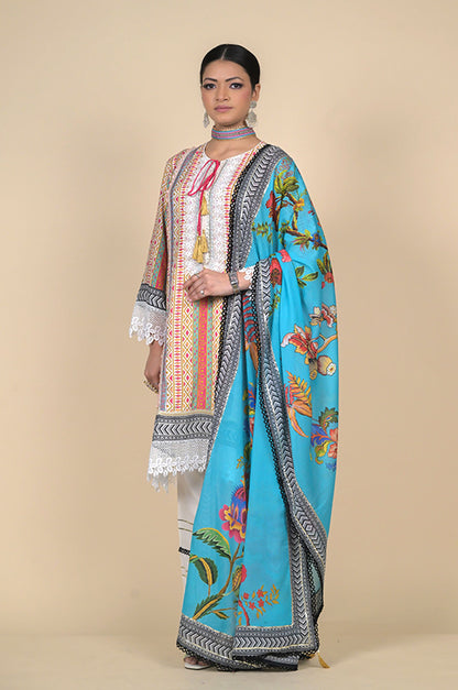 Multicolor Striped Cotton Muslin Suit with Aqua Blue Floral Dupatta