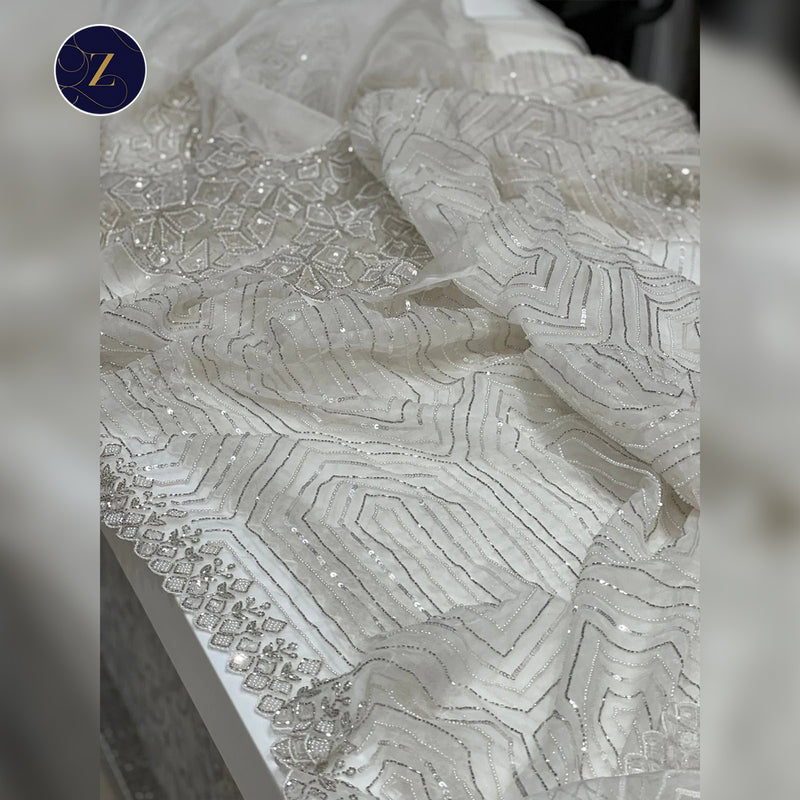 White Organza Moti Sequins Embroidery.