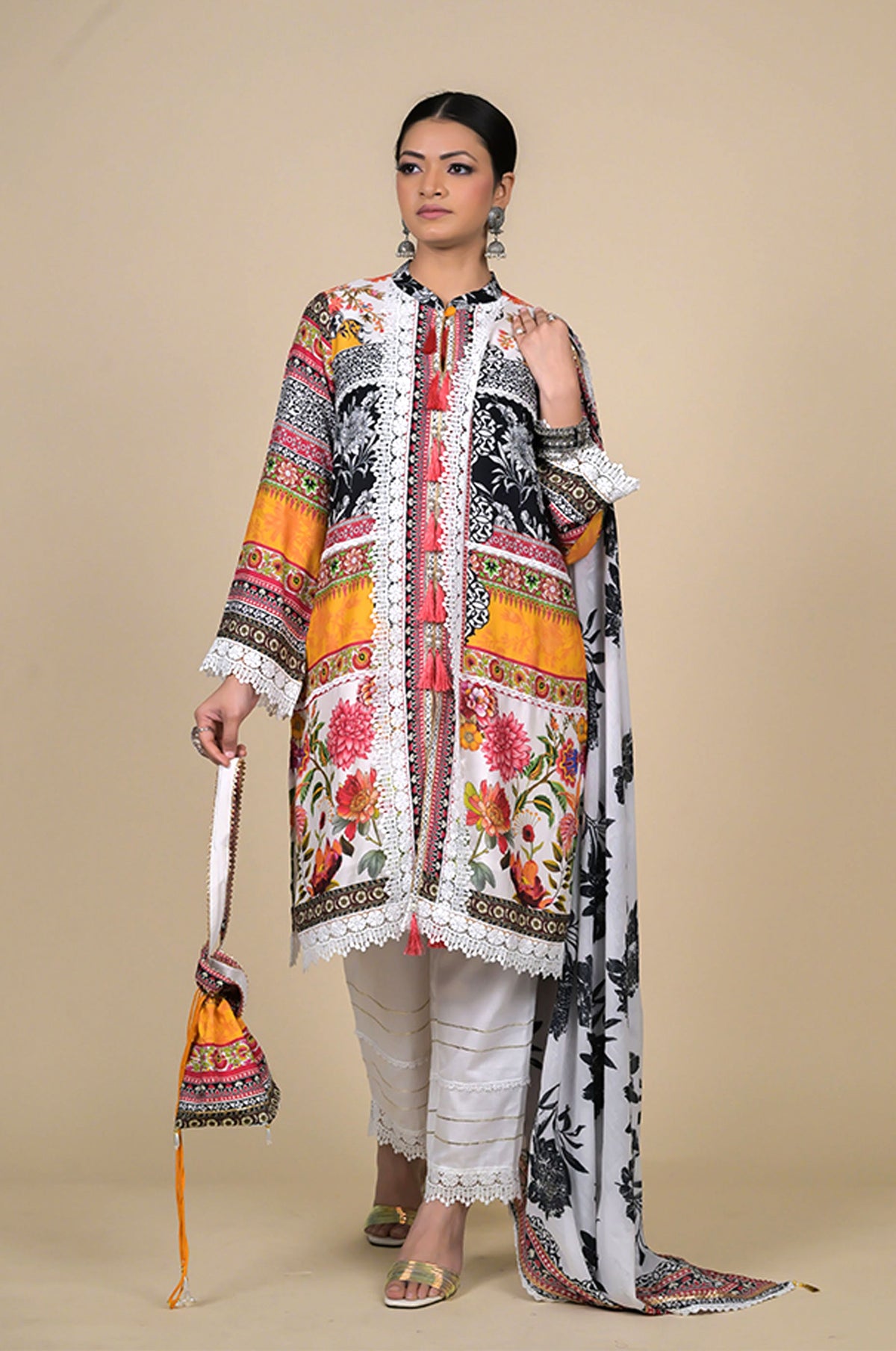 Multicolor Cotton Muslin Suit Set with Floral & Tribal Print