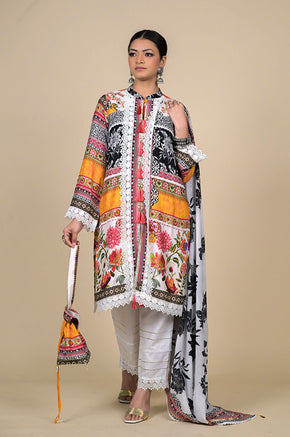 Multicolor Cotton Muslin Suit Set with Floral & Tribal Print
