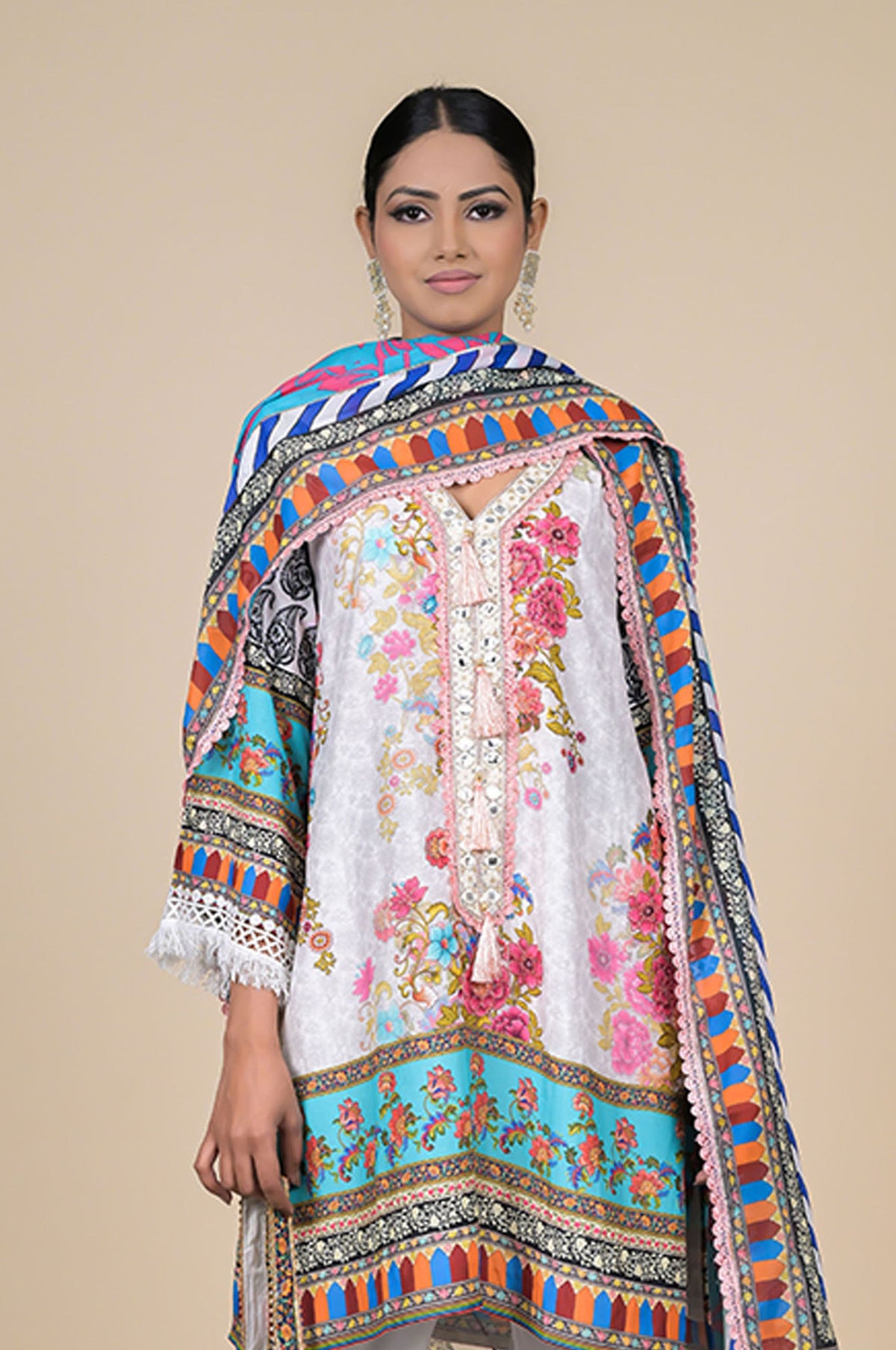 White & Turquoise Floral Printed Cotton Muslin Suit Set