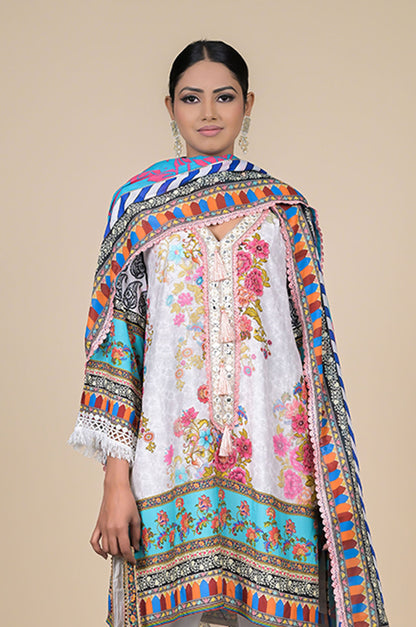 White & Turquoise Floral Printed Cotton Muslin Suit Set