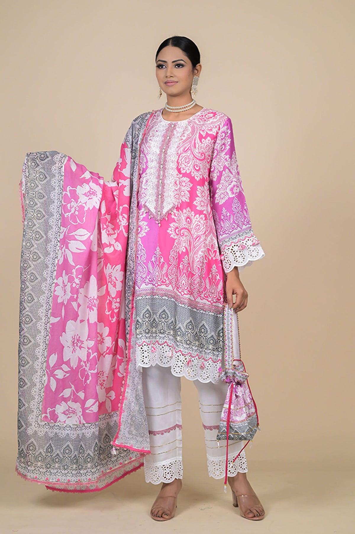 Summer Bloom Pink & White Printed Cotton Muslin Suit Set
