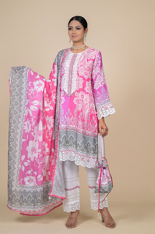 Summer Bloom Pink & White Printed Cotton Muslin Suit Set