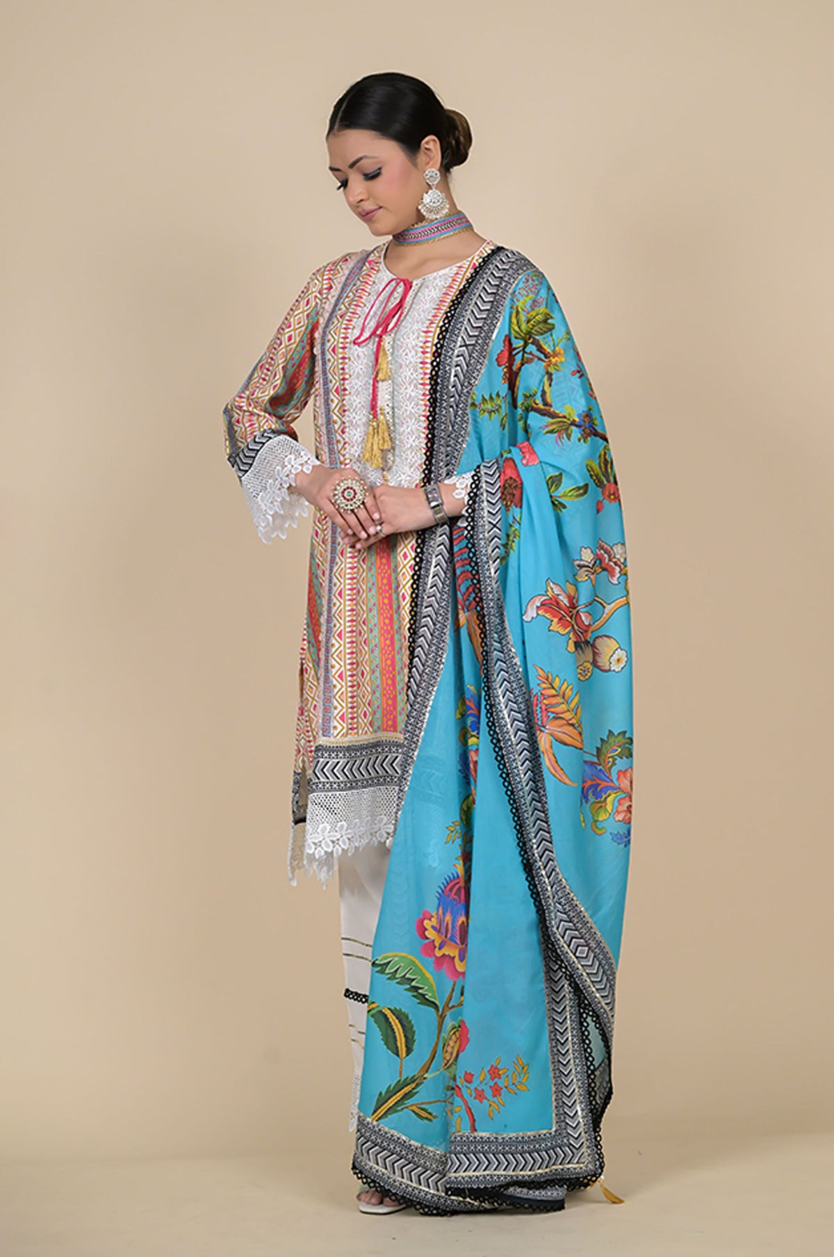 Multicolor Striped Cotton Muslin Suit with Aqua Blue Floral Dupatta