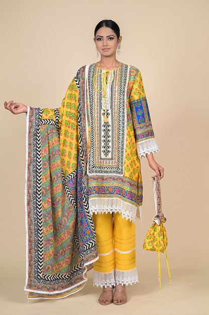 Sunshine Yellow Cotton Muslin Suit with Multicolor Dupatta & Potli Bag