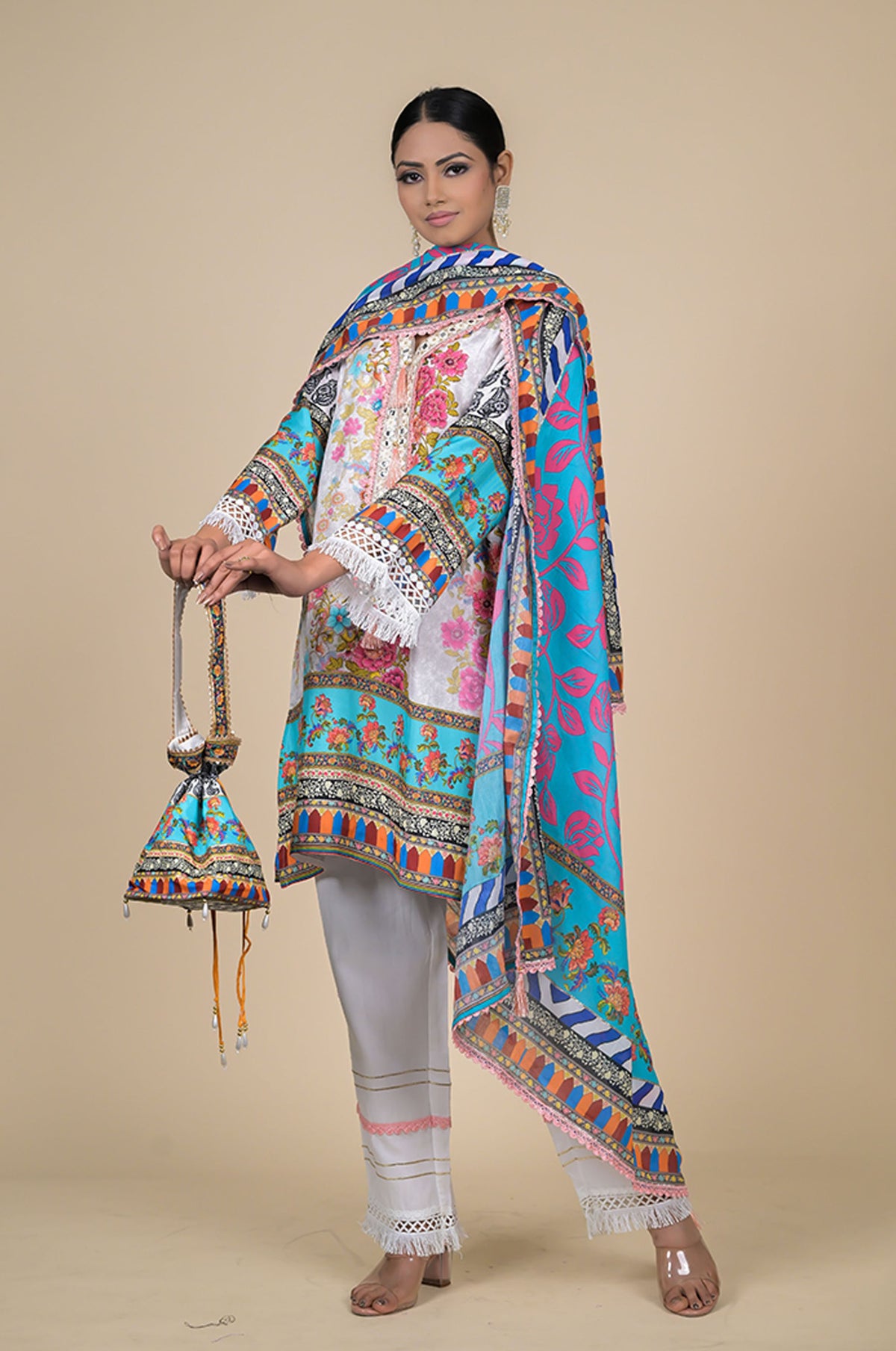 White & Turquoise Floral Printed Cotton Muslin Suit Set