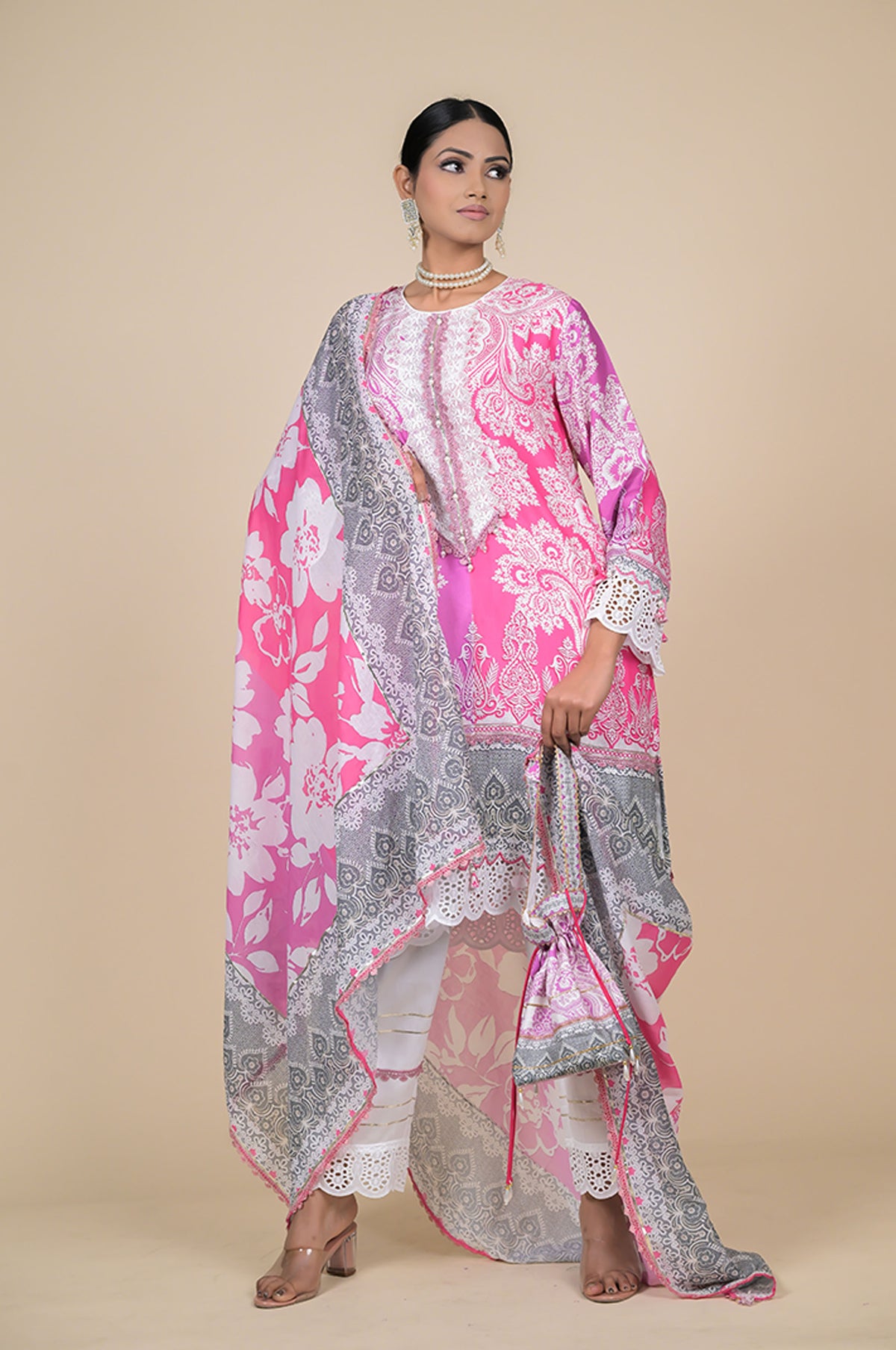 Summer Bloom Pink & White Printed Cotton Muslin Suit Set