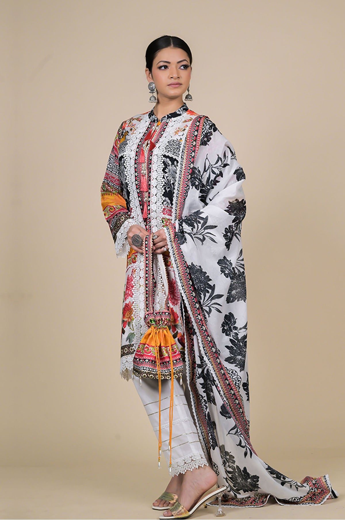 Multicolor Cotton Muslin Suit Set with Floral & Tribal Print