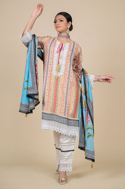 Multicolor Striped Cotton Muslin Suit with Aqua Blue Floral Dupatta
