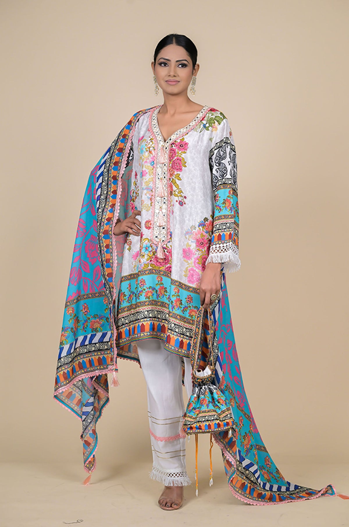 White & Turquoise Floral Printed Cotton Muslin Suit Set