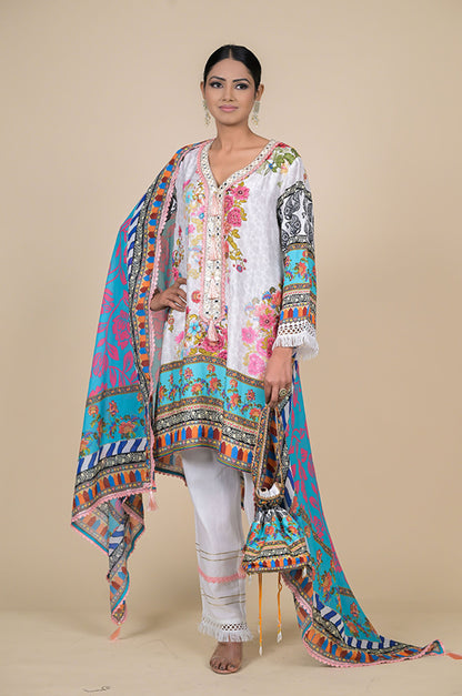White & Turquoise Floral Printed Cotton Muslin Suit Set