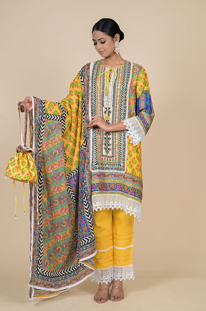 Sunshine Yellow Cotton Muslin Suit with Multicolor Dupatta & Potli Bag
