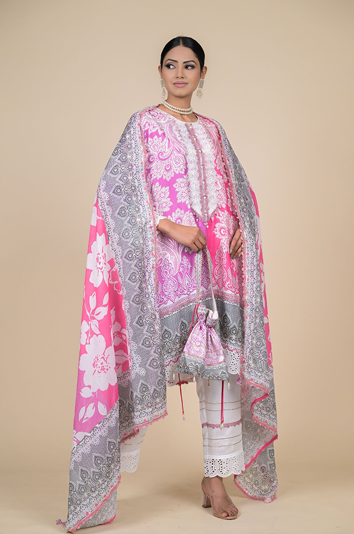 Summer Bloom Pink & White Printed Cotton Muslin Suit Set