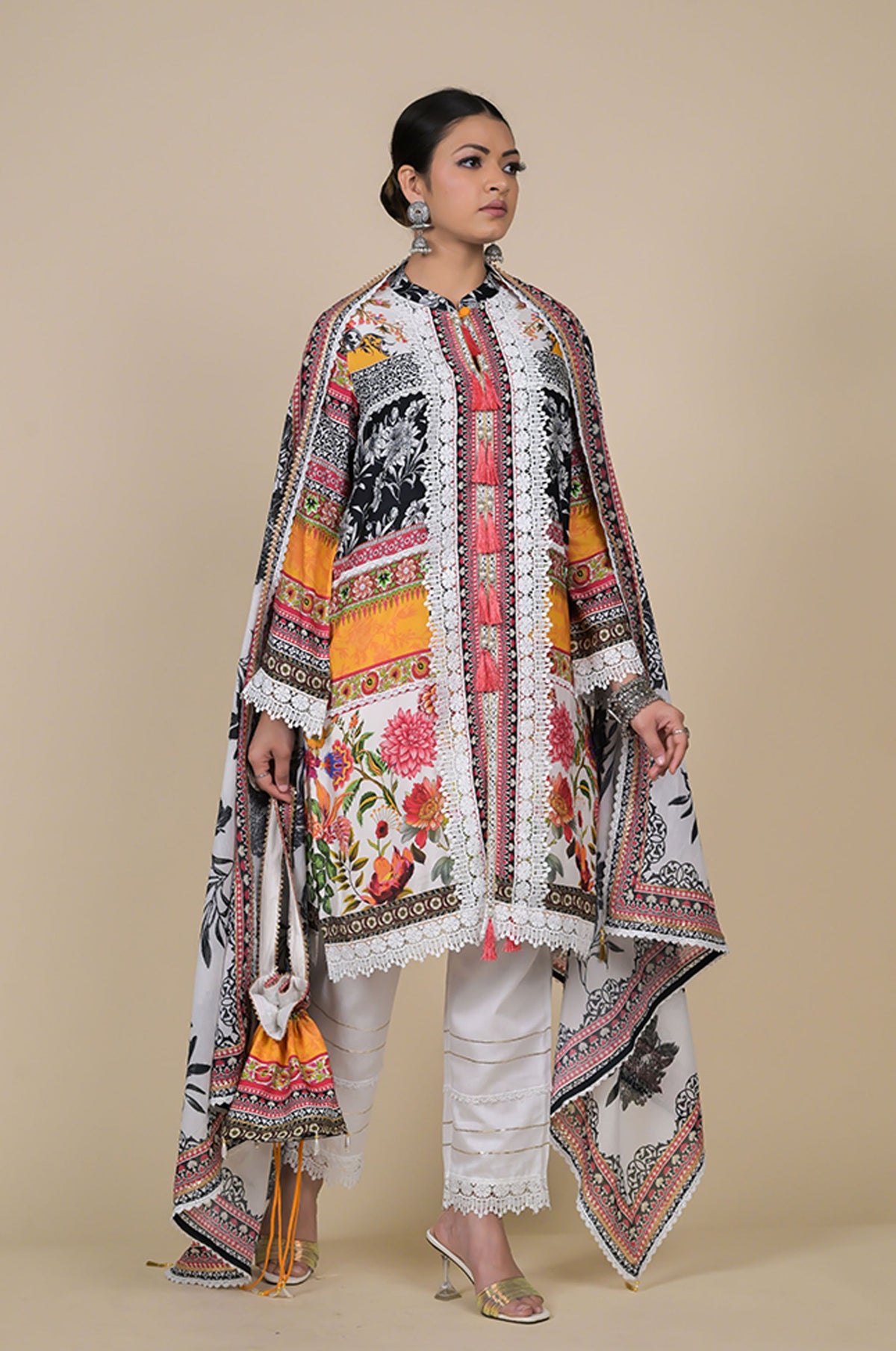 Multicolor Cotton Muslin Suit Set with Floral & Tribal Print