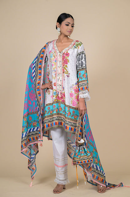 White & Turquoise Floral Printed Cotton Muslin Suit Set