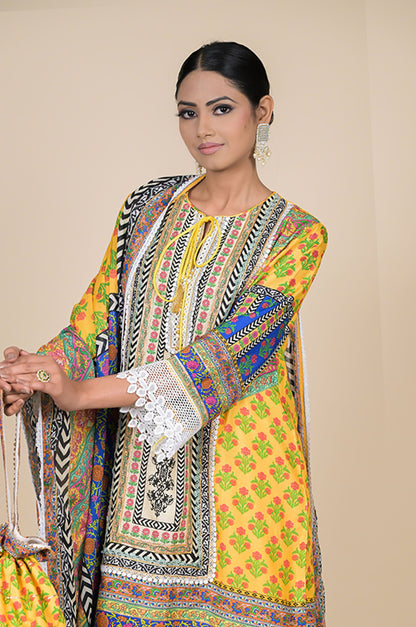 Sunshine Yellow Cotton Muslin Suit with Multicolor Dupatta & Potli Bag