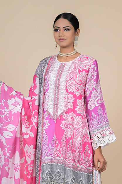 Summer Bloom Pink & White Printed Cotton Muslin Suit Set
