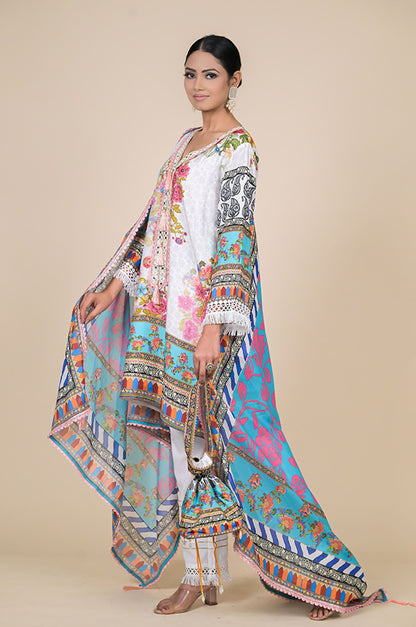 White & Turquoise Floral Printed Cotton Muslin Suit Set