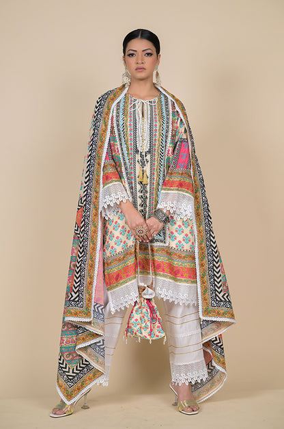 Orange Cotton Muslin Suit with Multicolor Dupatta & Potli Bag