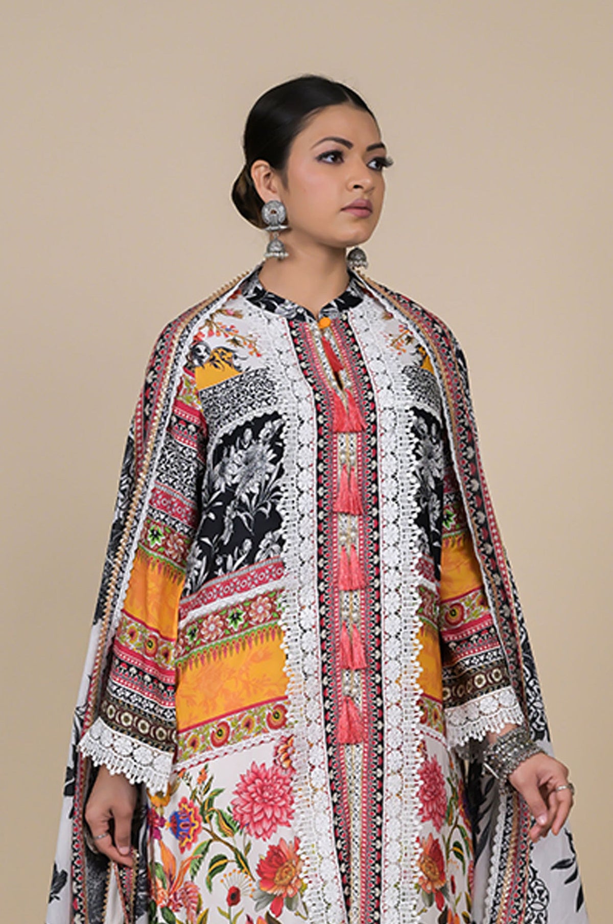 Multicolor Cotton Muslin Suit Set with Floral & Tribal Print