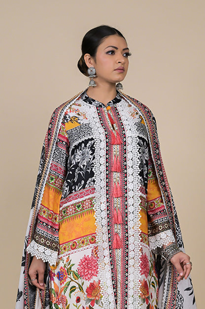 Multicolor Cotton Muslin Suit Set with Floral & Tribal Print