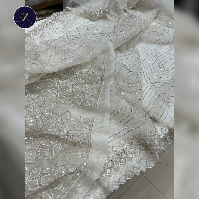 White Organza Moti Sequins Embroidery.