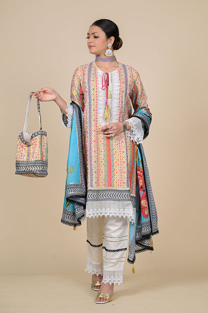 Multicolor Striped Cotton Muslin Suit with Aqua Blue Floral Dupatta