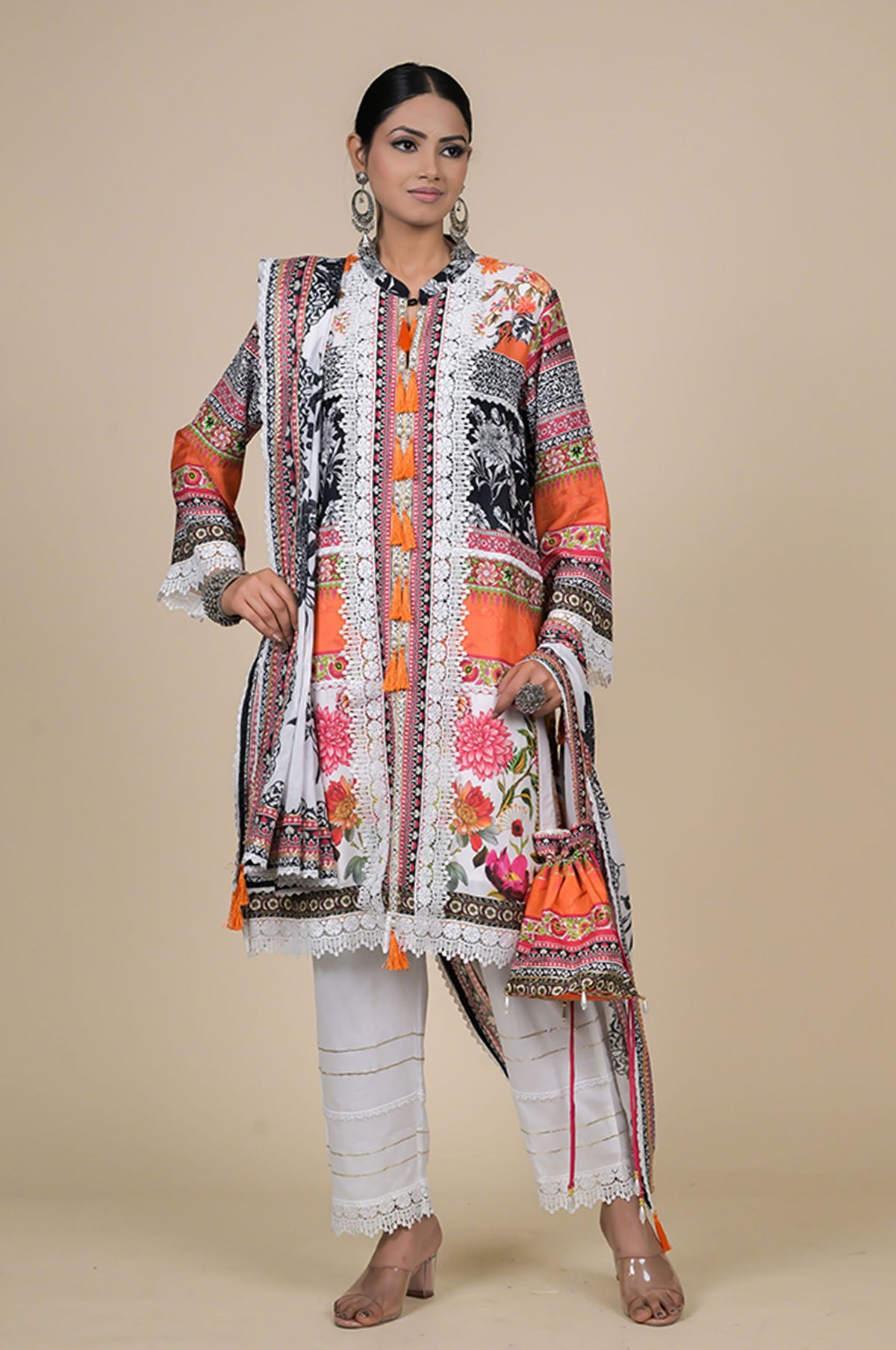 Orange & Black Cotton Muslin Suit Set with Digital Floral Print
