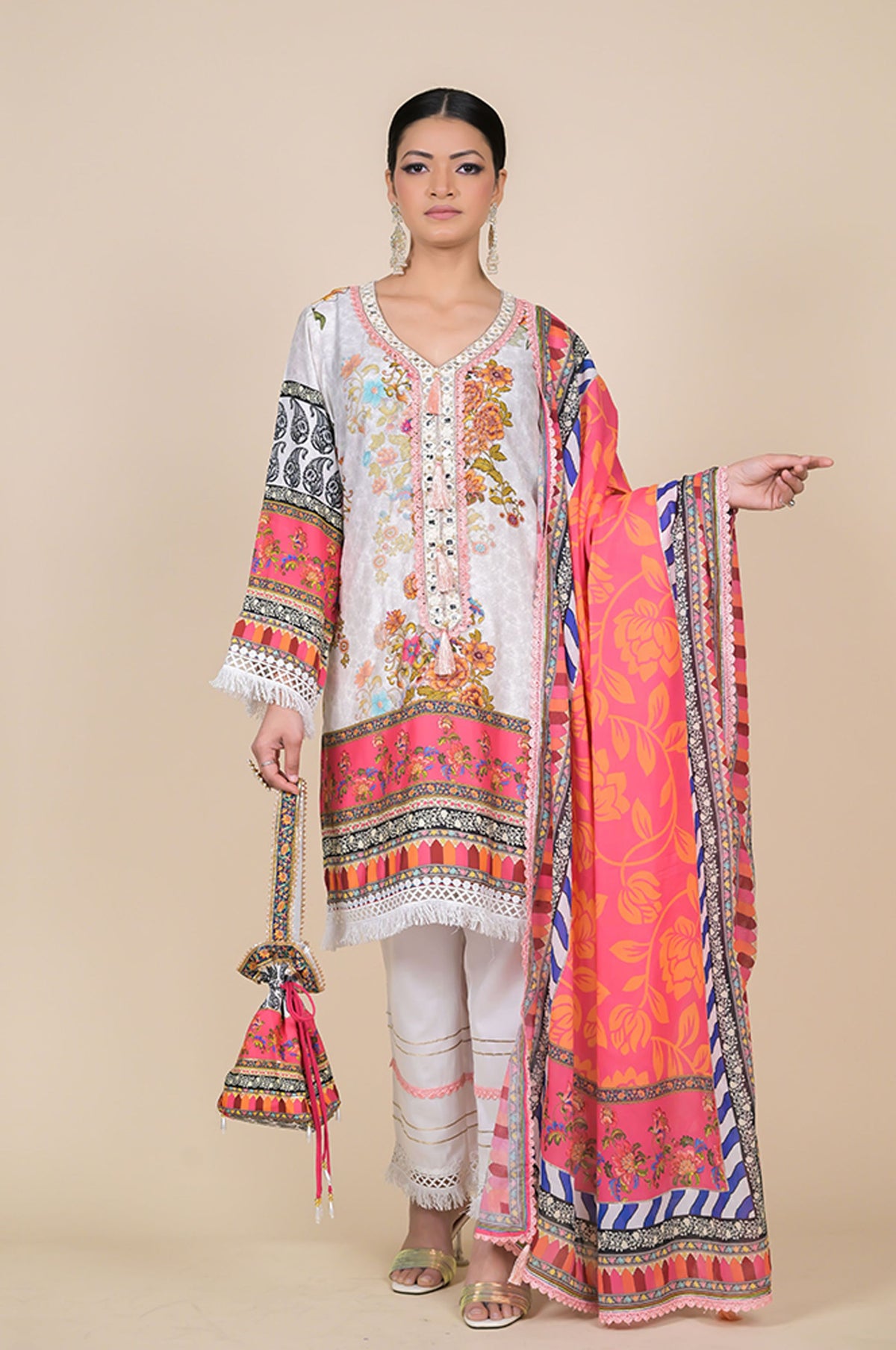White & Pink Floral Printed Cotton Muslin Suit Set
