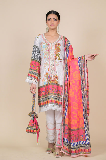 White & Pink Floral Printed Cotton Muslin Suit Set