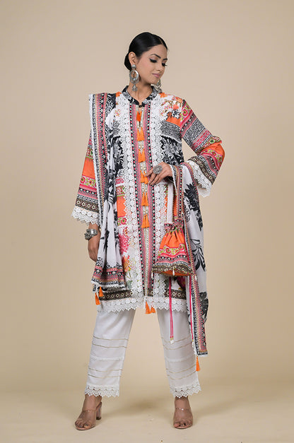 Orange & Black Cotton Muslin Suit Set with Digital Floral Print