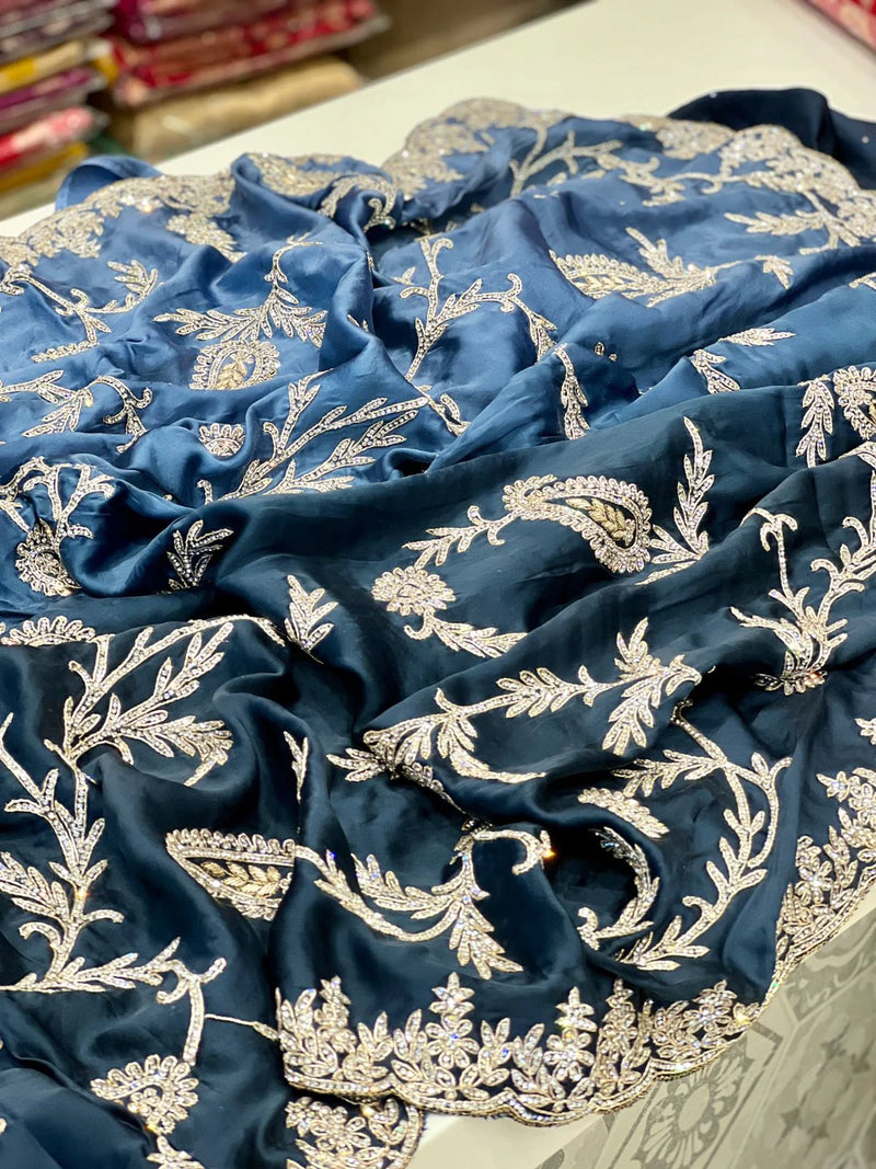 Shaded Blue Satin Embellished Saree
