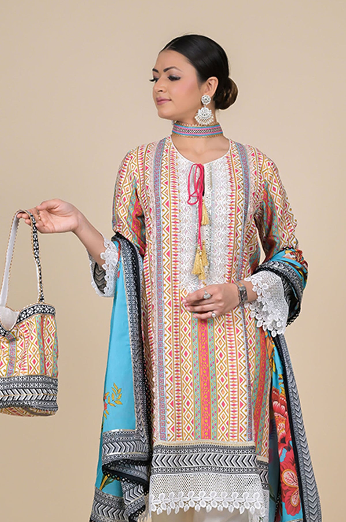 Multicolor Striped Cotton Muslin Suit with Aqua Blue Floral Dupatta