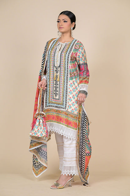 Orange Cotton Muslin Suit with Multicolor Dupatta & Potli Bag