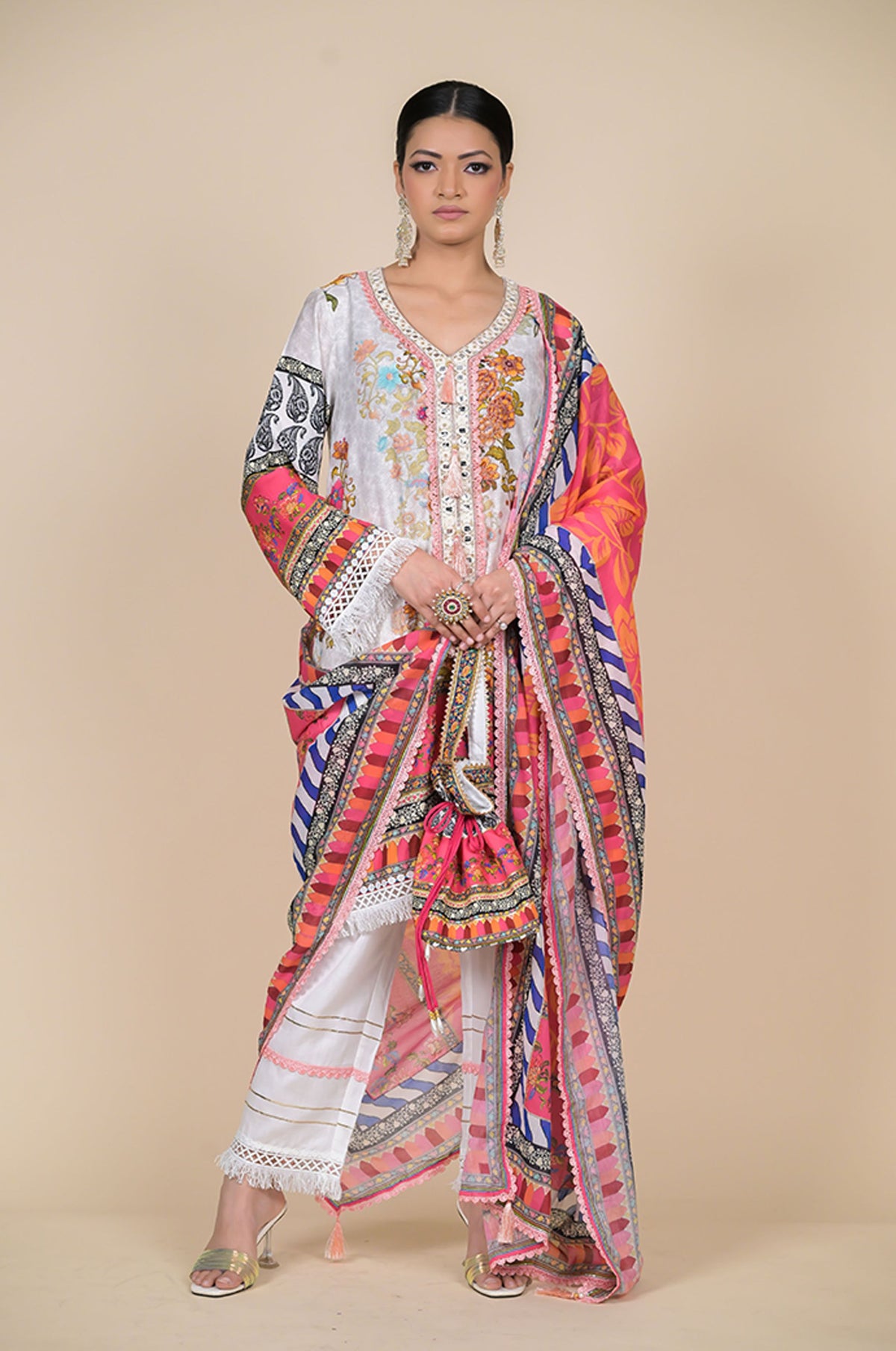 White & Pink Floral Printed Cotton Muslin Suit Set