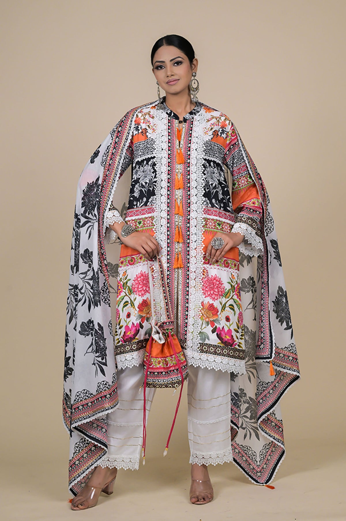 Orange & Black Cotton Muslin Suit Set with Digital Floral Print