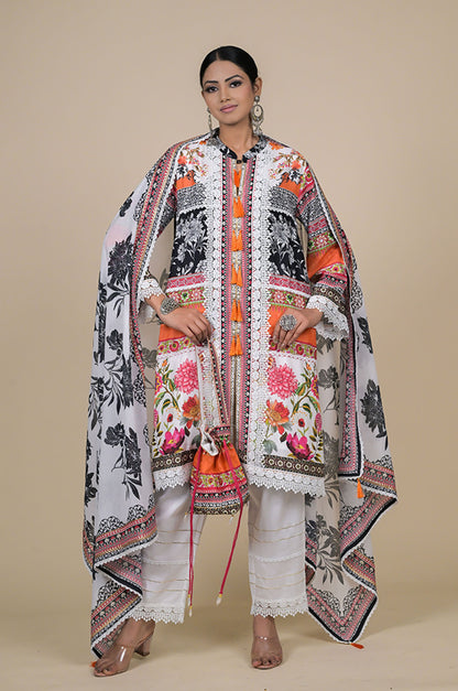 Orange & Black Cotton Muslin Suit Set with Digital Floral Print
