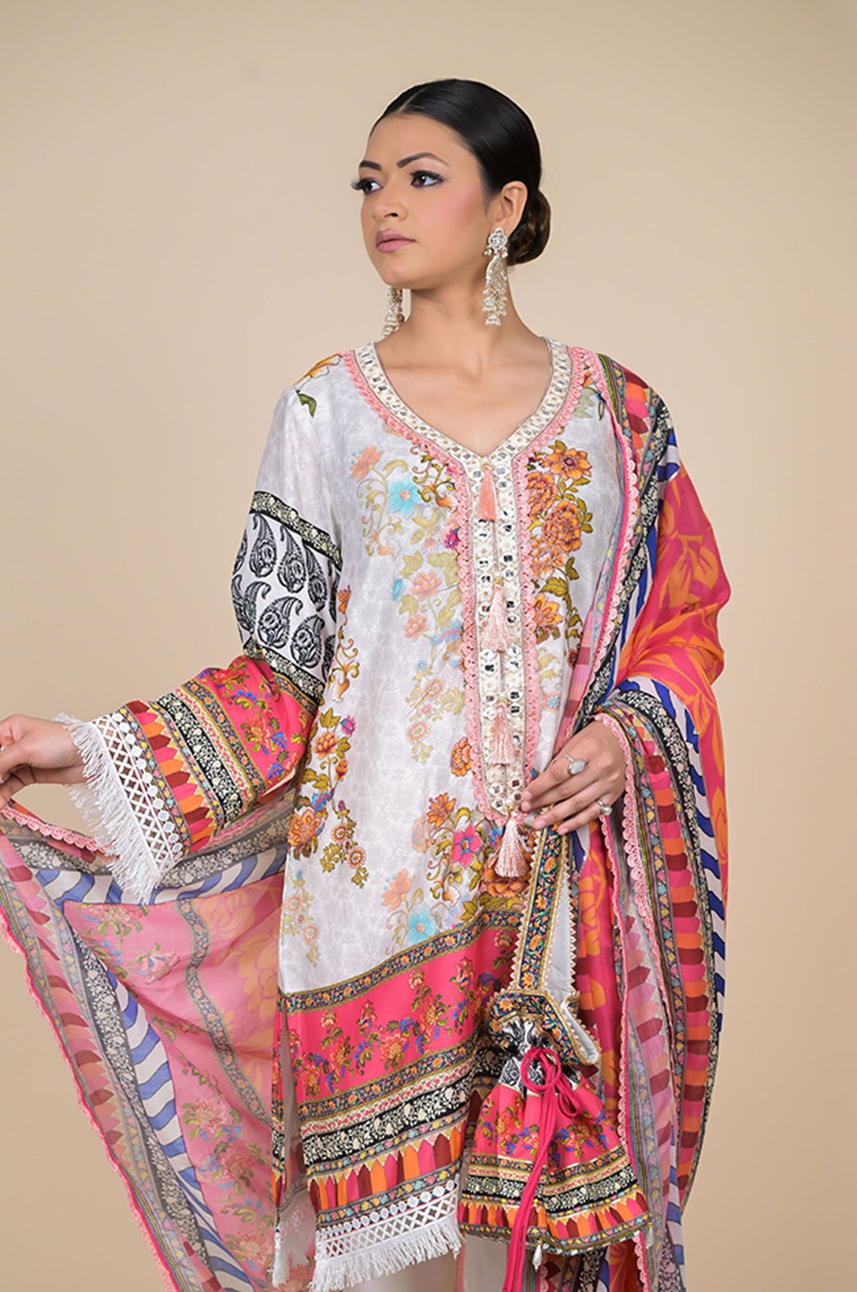White & Pink Floral Printed Cotton Muslin Suit Set