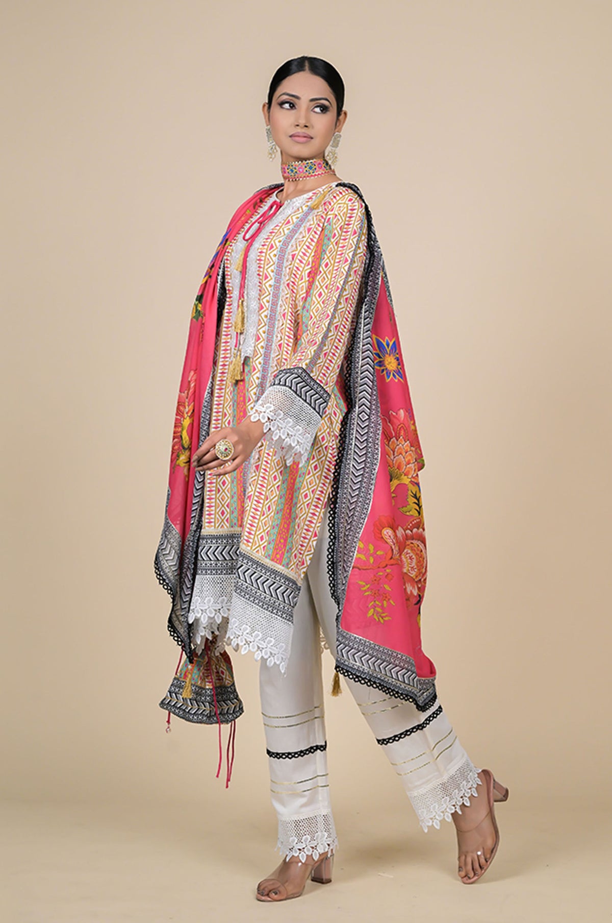 Pink Cotton Muslin Suit with Floral Dupatta & Potli Bag