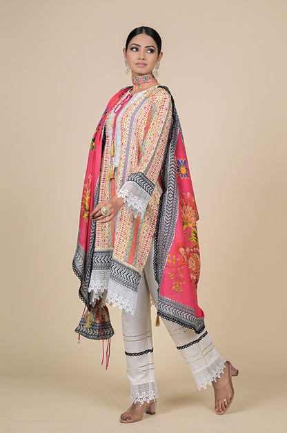 Pink Cotton Muslin Suit with Floral Dupatta & Potli Bag