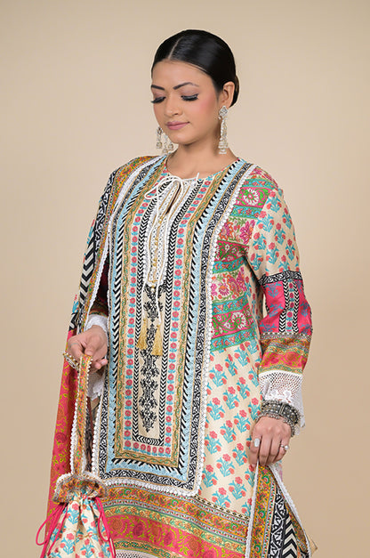 Orange Cotton Muslin Suit with Multicolor Dupatta & Potli Bag