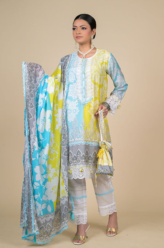 Lime Mist Blue & Yellow Printed Cotton Muslin Suit Set