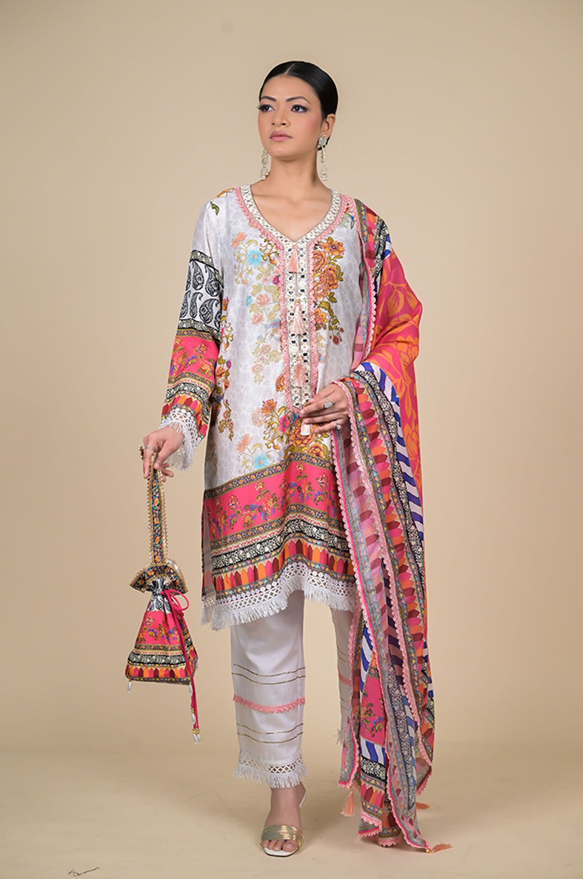 White & Pink Floral Printed Cotton Muslin Suit Set
