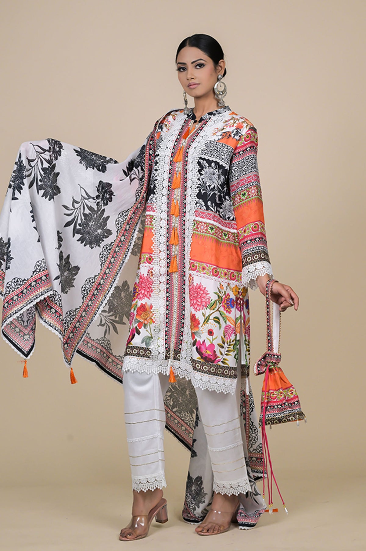 Orange & Black Cotton Muslin Suit Set with Digital Floral Print
