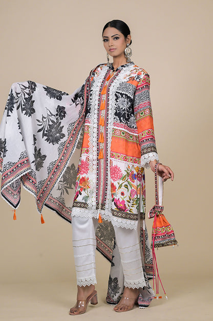 Orange & Black Cotton Muslin Suit Set with Digital Floral Print