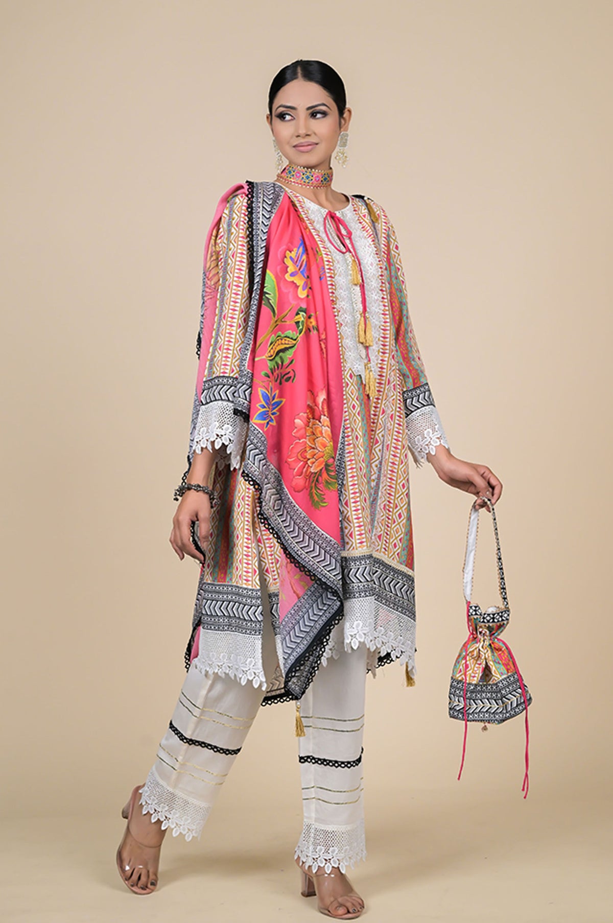 Pink Cotton Muslin Suit with Floral Dupatta & Potli Bag