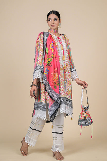 Pink Cotton Muslin Suit with Floral Dupatta & Potli Bag